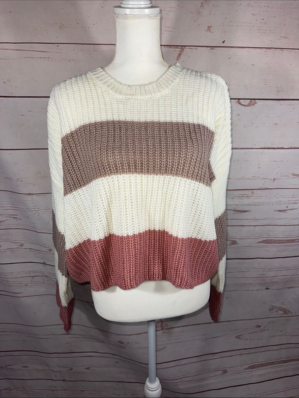 Sincerely Jules Cream, Taupe & Dusty Rose Striped Knit Sweater - Women's
